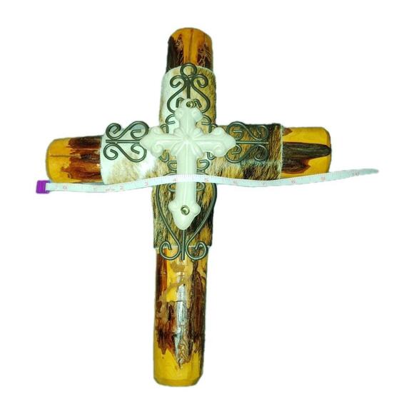 Rustic Western Wall Cross 9"x12" – Cedar Cowhide & Iron Scroll Accents – Layered - Picture 3 of 5